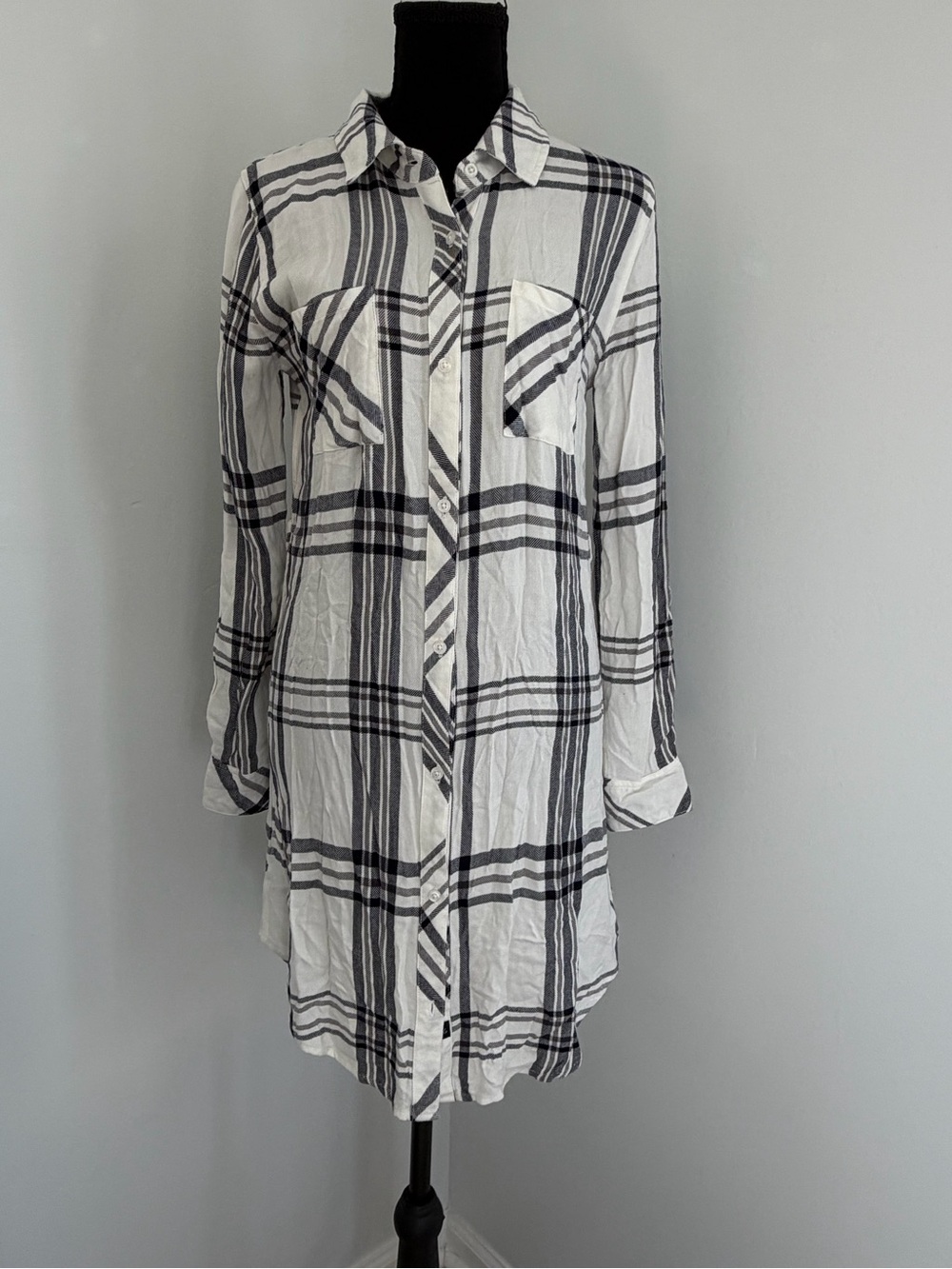 Rails Bianca Plaid Shirt Dress Small White Navy Rayon Tunic Button Down